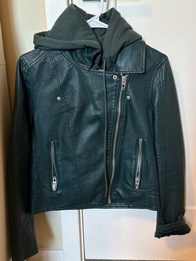 BlankNYC Deep Teal Faux Leather Jacket with Knit Hood